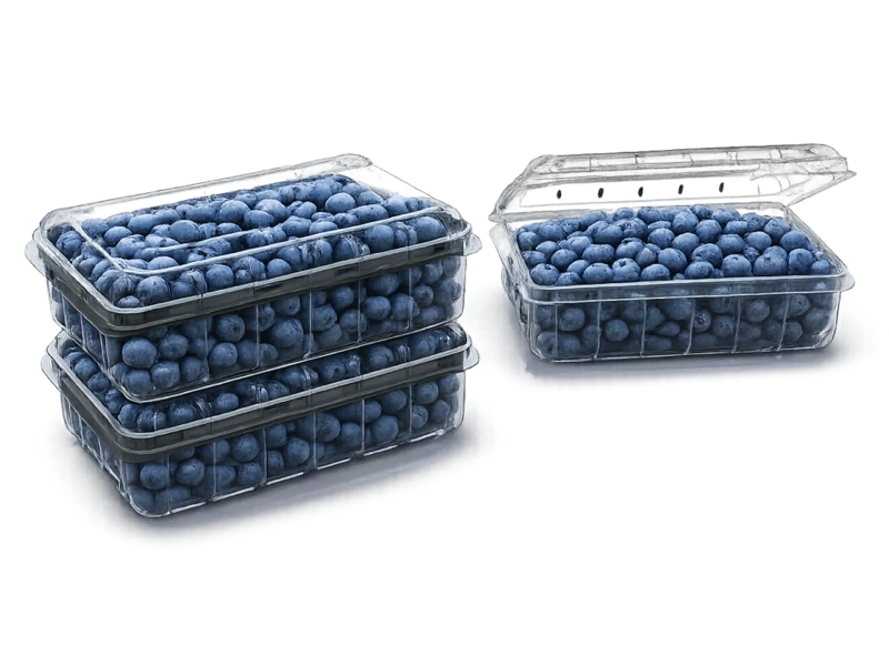 Stackable berry box render, filled with berries